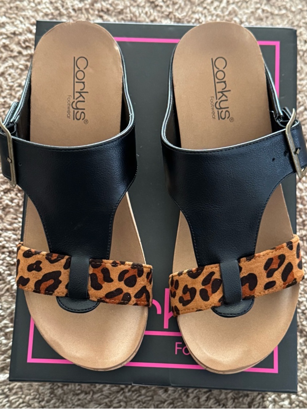 Corkys Black and Leopard Wedge Sandals